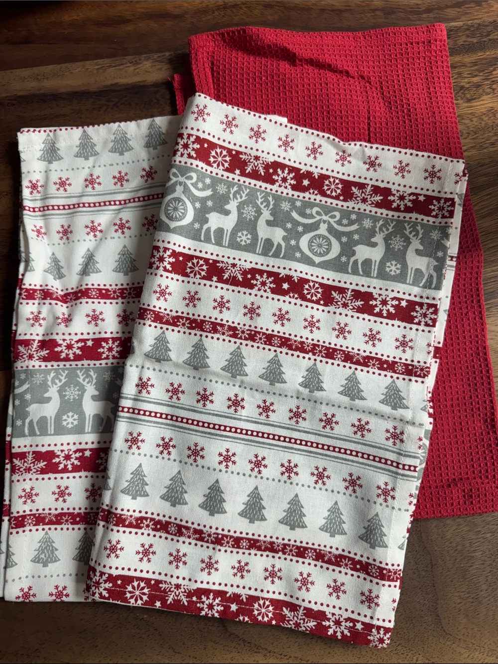 Holiday Reindeer & Tree Kitchen Towels - Red and Gray